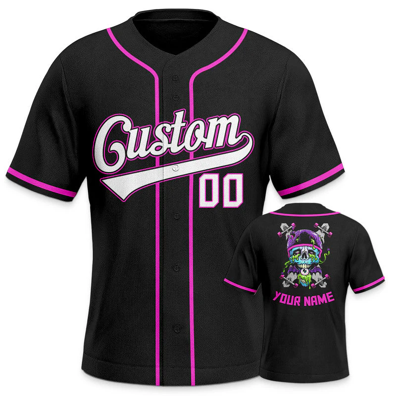 Custom Black Light Blue-Pink Authentic Skull Fashion Baseball Jersey