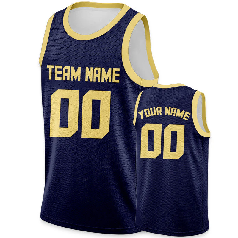 Custom Navy Old Gold Round Neck Rib-Knit Basketball Jersey