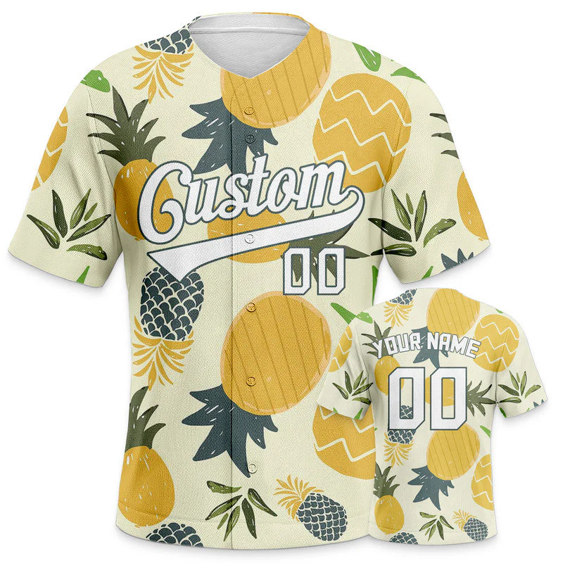 Custom Cream Gold-White 3D Pattern Design Pineapple Authentic Baseball Jersey