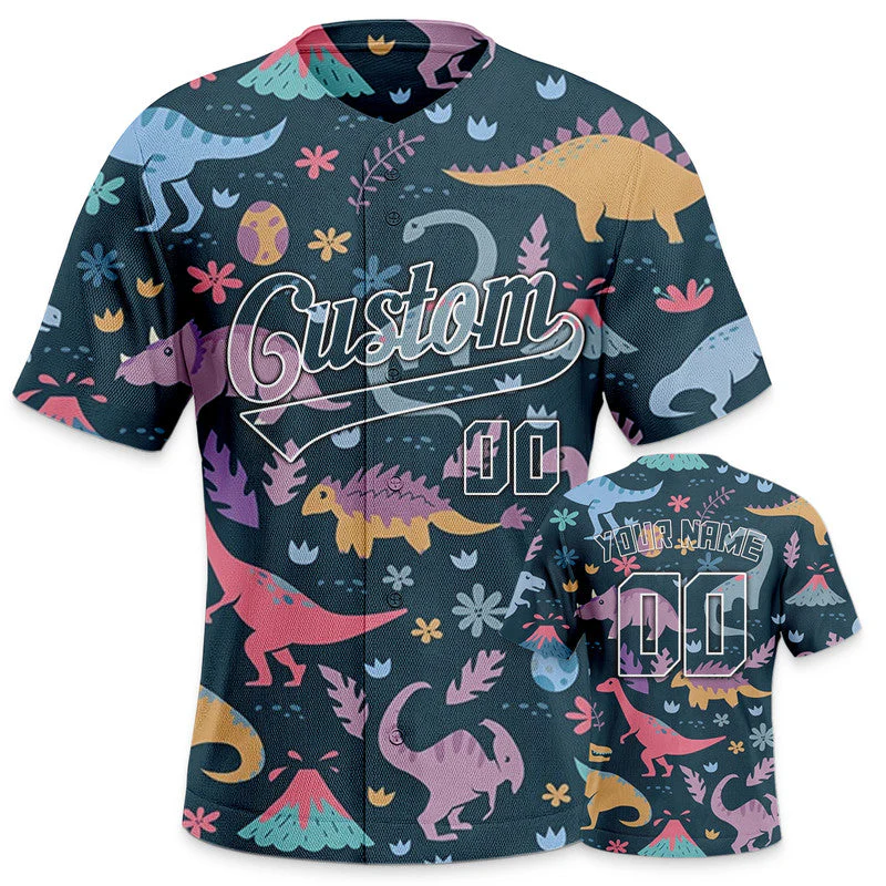 Custom Navy White 3D Pattern Design Dinosaur And Peacock Authentic Baseball Jersey